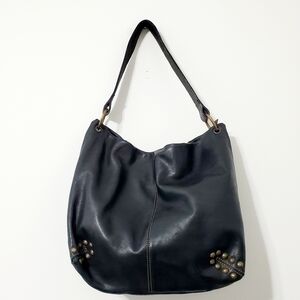 Vera Pelle Black Leather Stud Accent Hobo Shoulder Bag